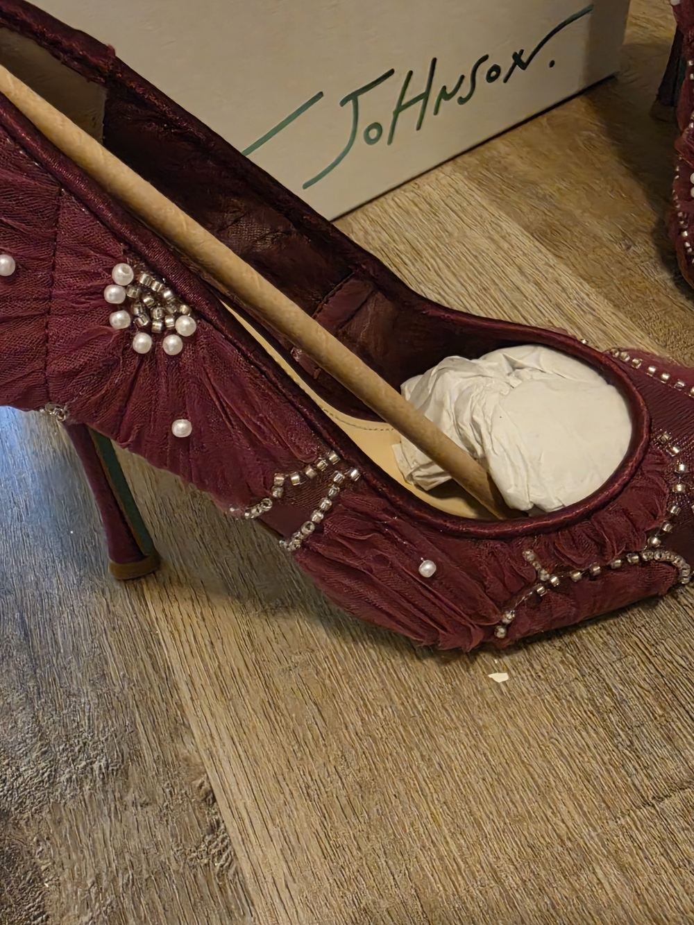 Betsey Johnson Women's Burgundy Pearl Embellished Pointed Toe Pumps - Picture 2 of 7